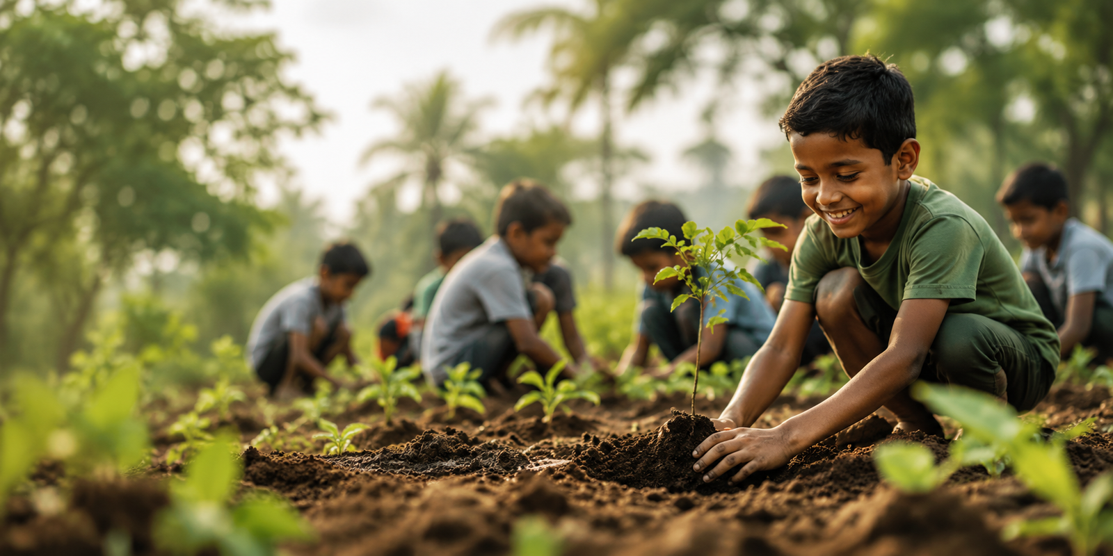 A child planting a young tree in soil