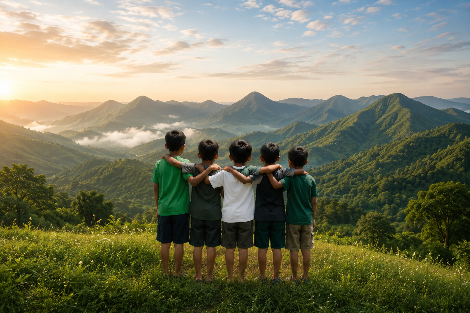 Children looking at mountains